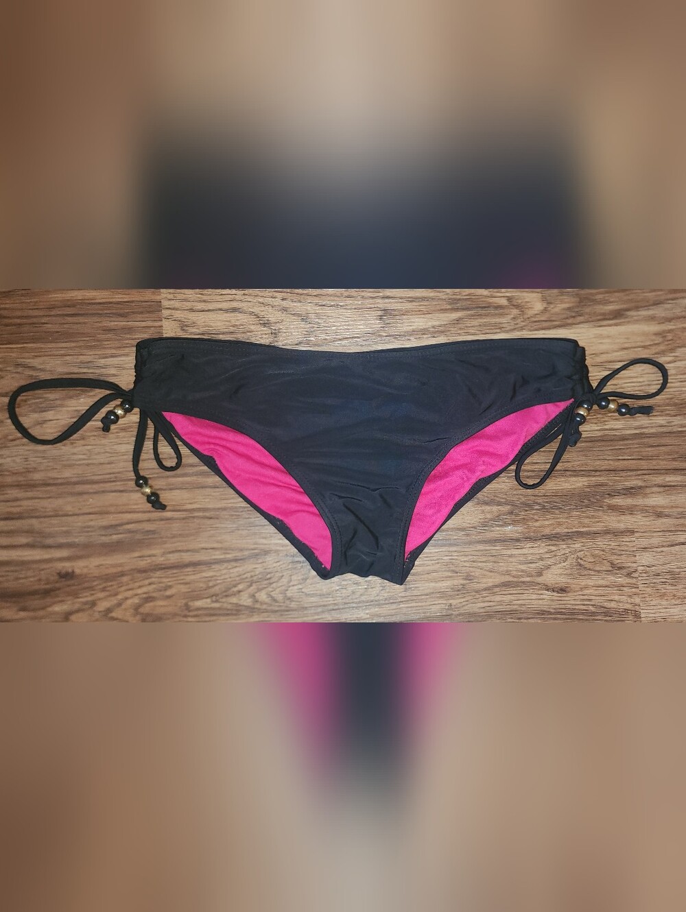 Pink and Black Bikini Bottom with Beaded Side Ties